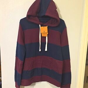 Esstive Men's Burgundy/Navy Striped Fleece Pullover Hoodie Pockets L #436